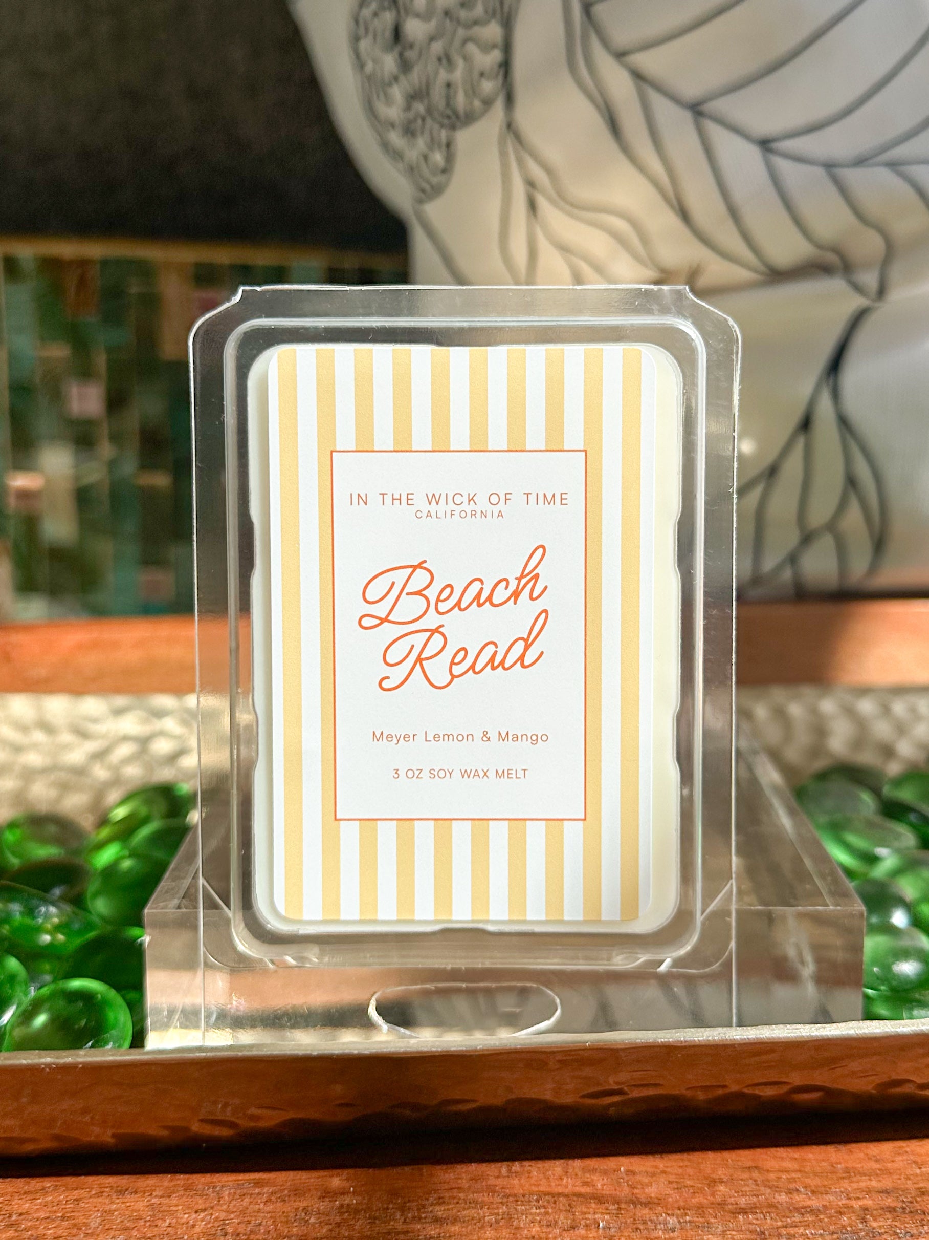 Wax melt labeled 'Beach Read' by In the Wick of Time. Summer themed with lemon and mango scents. 